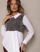 j studio Bluză Alb-Gri cu Bumbac cu Croială tip Cămașă Combinată cu Vestă Tricotată Etavielis