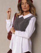 j studio Bluză Alb-Gri cu Bumbac cu Croială tip Cămașă Combinată cu Vestă Tricotată Etavielis