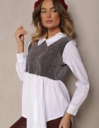 j studio Bluză Alb-Gri cu Bumbac cu Croială tip Cămașă Combinată cu Vestă Tricotată Etavielis