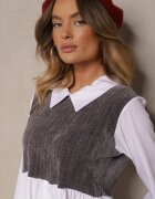 j studio Bluză Alb-Gri cu Bumbac cu Croială tip Cămașă Combinată cu Vestă Tricotată Etavielis