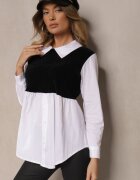 j studio Bluză Alb-Negru din Bumbac cu Croială de Cămașă Combinată cu Vestă Tricotată Etavielis