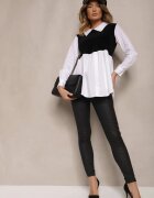 j studio Bluză Alb-Negru din Bumbac cu Croială de Cămașă Combinată cu Vestă Tricotată Etavielis