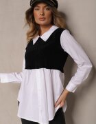 j studio Bluză Alb-Negru din Bumbac cu Croială de Cămașă Combinată cu Vestă Tricotată Etavielis