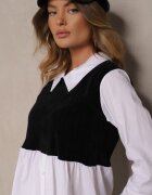 j studio Bluză Alb-Negru din Bumbac cu Croială de Cămașă Combinată cu Vestă Tricotată Etavielis