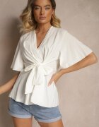 j studio Bluză Albă cu Viscoză cu Decolteu Plic și Nod Decorativ Lioriva