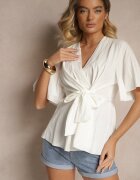 j studio Bluză Albă cu Viscoză cu Decolteu Plic și Nod Decorativ Lioriva