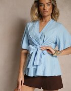 j studio Bluză Albastru Deschis din Viscoză cu Decolteu Petrecut și Nod Decorativ Lioriva