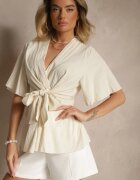 j studio Bluză Bej deschis cu Viscoză Decolteu Petrecut și Nod Decorativ Lioriva