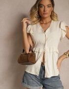 j studio Cămașă Bej Deschis din Viscoză Decorată cu Volane cu Decolteu în V Alisetta