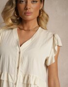 j studio Cămașă Bej Deschis din Viscoză Decorată cu Volane cu Decolteu în V Alisetta