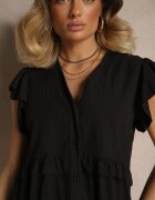 j studio Cămașă Neagră din Vâscoză cu Volane și Decolteu în V Alisetta