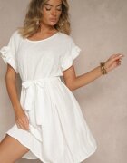 j studio Rochie Albă cu curea și volane la mâneci Folunelle
