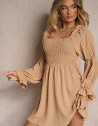 j studio Rochie Bej cu Partea Superioară Elastică cu Croi Evazat cu Volane Savione