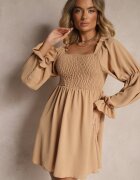 j studio Rochie Bej cu Partea Superioară Elastică cu Croi Evazat cu Volane Savione