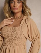 j studio Rochie Bej cu Partea Superioară Elastică cu Croi Evazat cu Volane Savione
