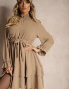 j studio Rochie bej închisă cu volane și guler înalt cu elastic în talie și cordon suplimentar de legat Savire