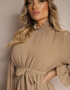 j studio Rochie bej închisă cu volane și guler înalt cu elastic în talie și cordon suplimentar de legat Savire