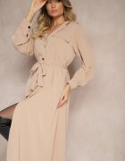 j studio Rochie Bejă cu croială tip cămașă cu mâneci ajustabile și curea care se leagă Ivalorae