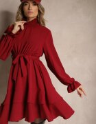 j studio Rochie Bordo cu Volane și Guler tip golf cu Elastic în Talie și Curea suplimentară de legat Savire