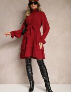 j studio Rochie Bordo cu Volane și Guler tip golf cu Elastic în Talie și Curea suplimentară de legat Savire