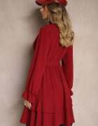 j studio Rochie Bordo cu Volane și Guler tip golf cu Elastic în Talie și Curea suplimentară de legat Savire