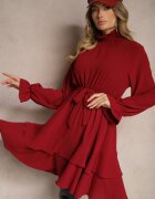 j studio Rochie Bordo cu Volane și Guler tip golf cu Elastic în Talie și Curea suplimentară de legat Savire