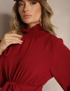 j studio Rochie Bordo cu Volane și Guler tip golf cu Elastic în Talie și Curea suplimentară de legat Savire