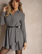 j studio Rochie Cămașă Gri Asimetrică Croi Cloș cu Elastic în Talie Eloriana