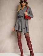 j studio Rochie Cămașă Gri Asimetrică Croi Cloș cu Elastic în Talie Eloriana