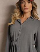 j studio Rochie Cămașă Gri Asimetrică Croi Cloș cu Elastic în Talie Eloriana
