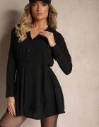j studio Rochie Cămașă Neagră cu croi asimetric evazat cu elastic în talie Eloriana