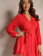 j studio Rochie Evazată Roșie Salopetă cu decolteu petrecut și volan Vomitta