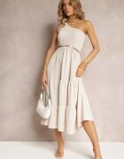 j studio Rochie Maxi Bej deschis pe un singur umăr cu croială cloș asimetrică și volan Kalphus