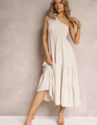 j studio Rochie Maxi Bej deschis pe un singur umăr cu croială cloș asimetrică și volan Kalphus