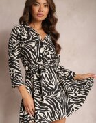 j studio Rochie Mini Negru-Alb cu imprimeu animal cu decolteu triunghiular și legată în talie Vidan