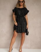 j studio Rochie Neagră cu Curea și Volane la Mâneci Folunelle
