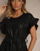 j studio Rochie Neagră cu Curea și Volane la Mâneci Folunelle