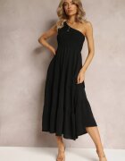 j studio Rochie Neagră Maxi pe un umăr cu o croială evazată asimetrică cu volan Kalphus