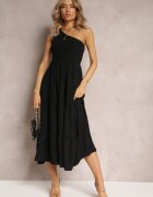 j studio Rochie Neagră Maxi pe un umăr cu o croială evazată asimetrică cu volan Kalphus
