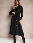 j studio Rochie neagră tip cămașă cu mâneci cu sistem de prindere și curea cu legare Ivalorae
