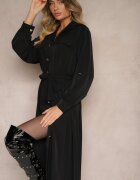 j studio Rochie neagră tip cămașă cu mâneci cu sistem de prindere și curea cu legare Ivalorae