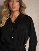 j studio Rochie neagră tip cămașă cu mâneci cu sistem de prindere și curea cu legare Ivalorae