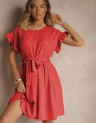 j studio Rochie roșie cu curea și volănașe la mâneci Folunelle