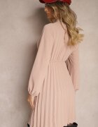 j studio Rochie Roz Plisată cu Croială Elegantă cu Legătură la Decolteu și Elastic în Talie Belorinda