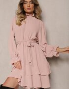 j studio Rochie Roză cu Volane și Guler înalt cu Elastic în Talie și Curea Suplimentară de Legat Savire