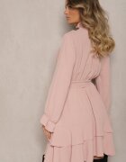 j studio Rochie Roză cu Volane și Guler înalt cu Elastic în Talie și Curea Suplimentară de Legat Savire