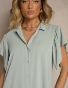 j studio Rochie verde deschis de cămașă decorată cu volane și nasturi Tenelora
