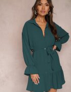 j studio Rochie Verde închis de cămașă Mini cu Volan și Curea Legată Blisotta