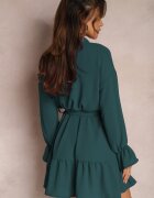 j studio Rochie Verde închis de cămașă Mini cu Volan și Curea Legată Blisotta