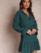 j studio Rochie Verde închis de cămașă Mini cu Volan și Curea Legată Blisotta